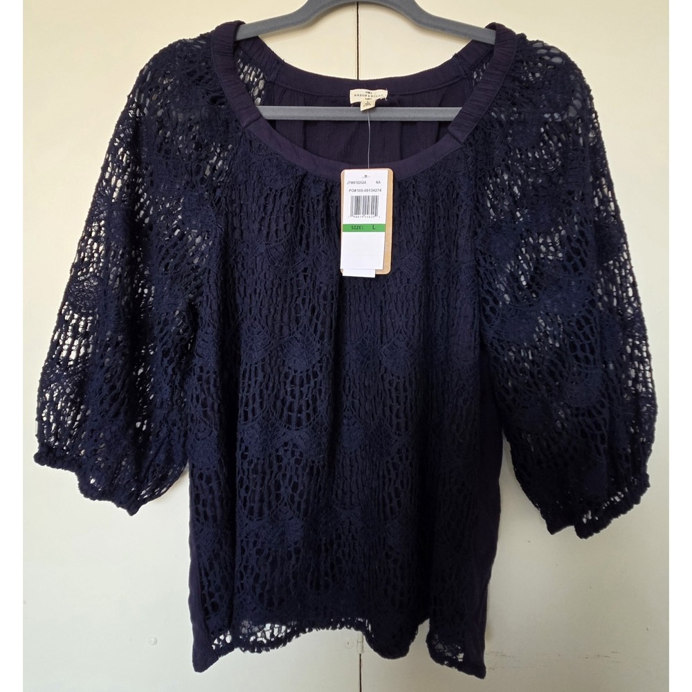 MASON & BELLE Navy Blue Cotton Blend Lace Crochet Top Sz L ~~NWT ~~